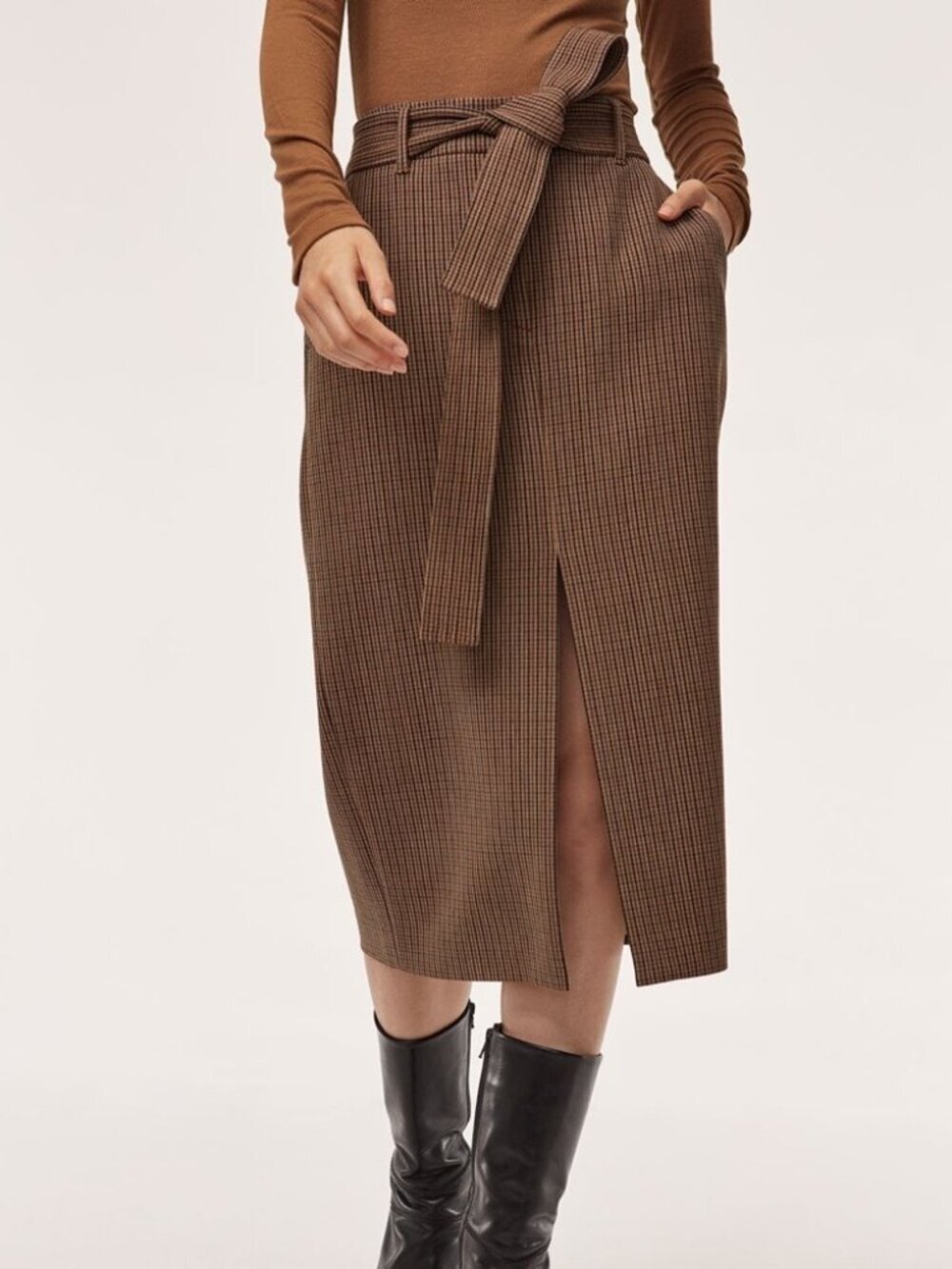 Aritzia Wilfred Jallade Brown Plaid Center Slit Belted Midi Skirt Size 2